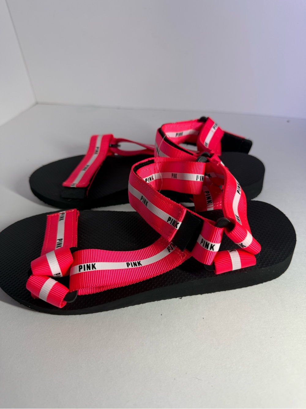PINK Victoria's Secret Neon Pink and Black Strappy Sandals